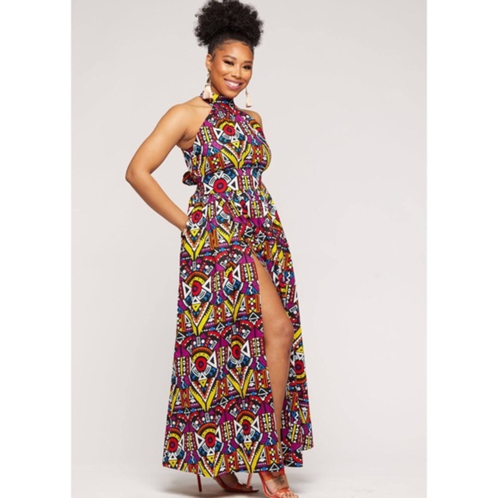 Women’s African Print Halter Maxi No Sleeve Dress w/ Slit Colorful Tie Back NWT